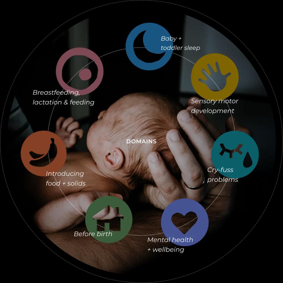 Possums domains circular diagram showing Sleep, Breastfeeding, Sensory motor development, Introducing food + solids, Cry-fuss problems, Secure attachment, and Parent + infant mental health
